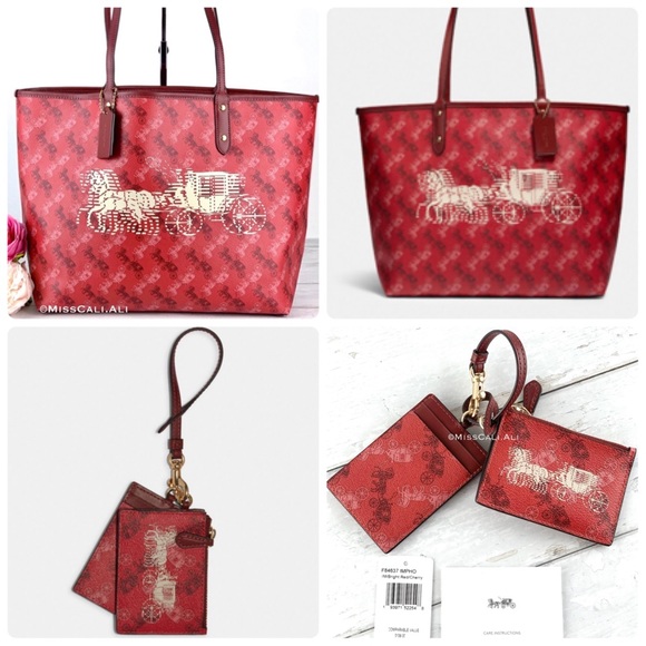 NWT COACH Red Lanyard Card Case Set with Horse & Carriage Print - Picture 15 of 16